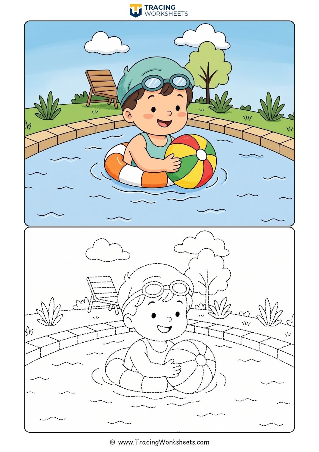Summer Pool Time Tracing and Coloring Page Printable summer pool time tracing worksheet and coloring page showing a boy swimming with an inner tube and beach ball.