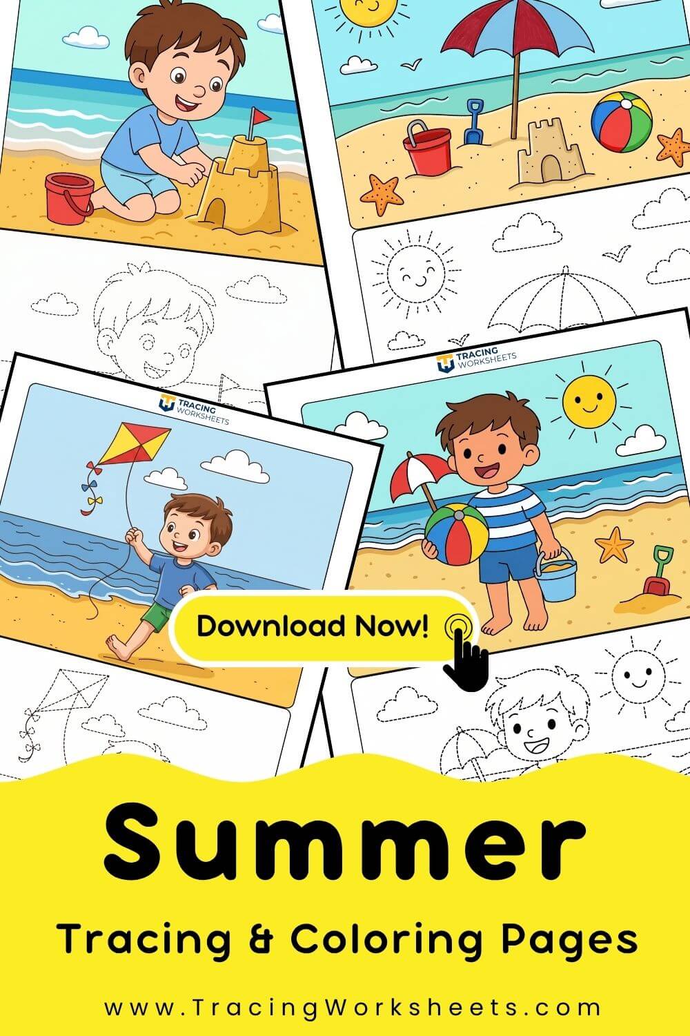 Printable summer tracing worksheets and coloring pages bundle pdf download for preschool fine motor skills practice.