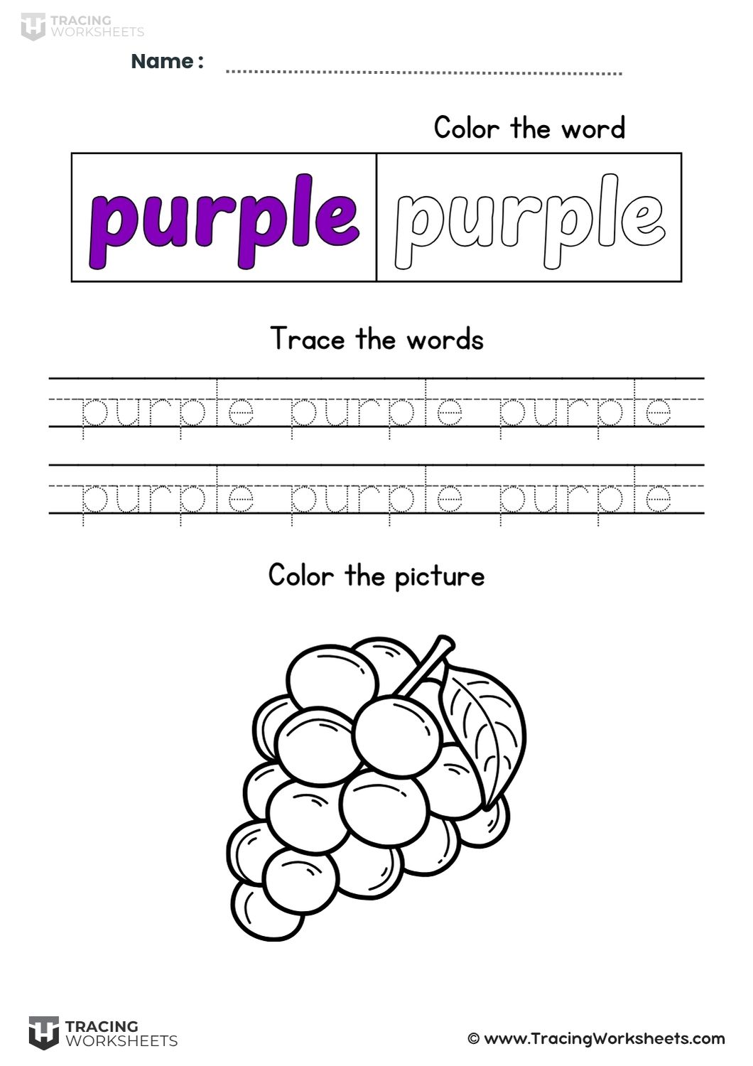 Trace Color The Grapes A structured preschool worksheet including a "Color the word" section, rows of dotted "purple" words for tracing, and a bunch of grapes illustration to color.