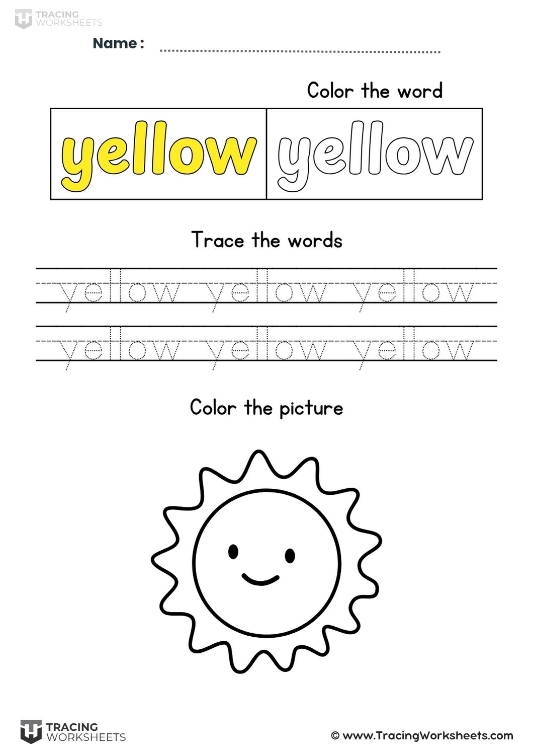 Trace Color the Word yellow A structured preschool worksheet that includes a "Color the word" section, rows of dotted "yellow" words for tracing, and a smiling sun illustration to color.
