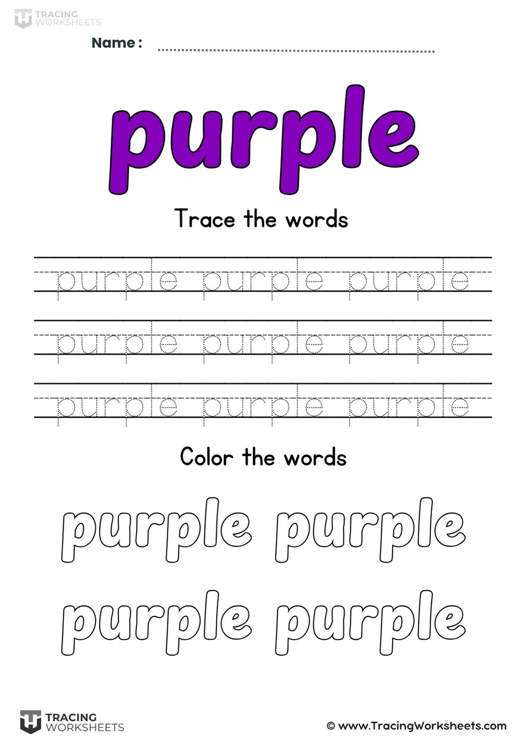 Trace The Word Purple A dedicated tracing worksheet for the word "purple" with multiple rows of dotted lines for handwriting practice and large bubble letters at the bottom for coloring.