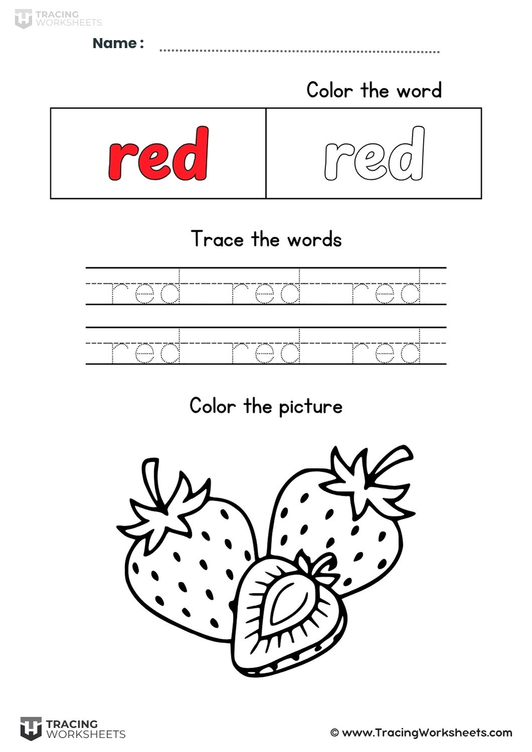 Trace and Color a strawberry A structured handwriting activity page including a "Color the word" section, rows of dotted "red" words for tracing, and a strawberry picture to color.