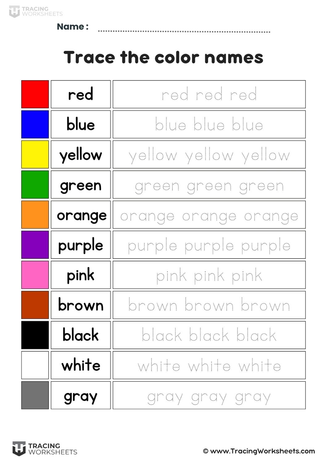 "Trace the color names" educational printable featuring vibrant color squares next to their corresponding names in both solid and dotted fonts for preschool learning.