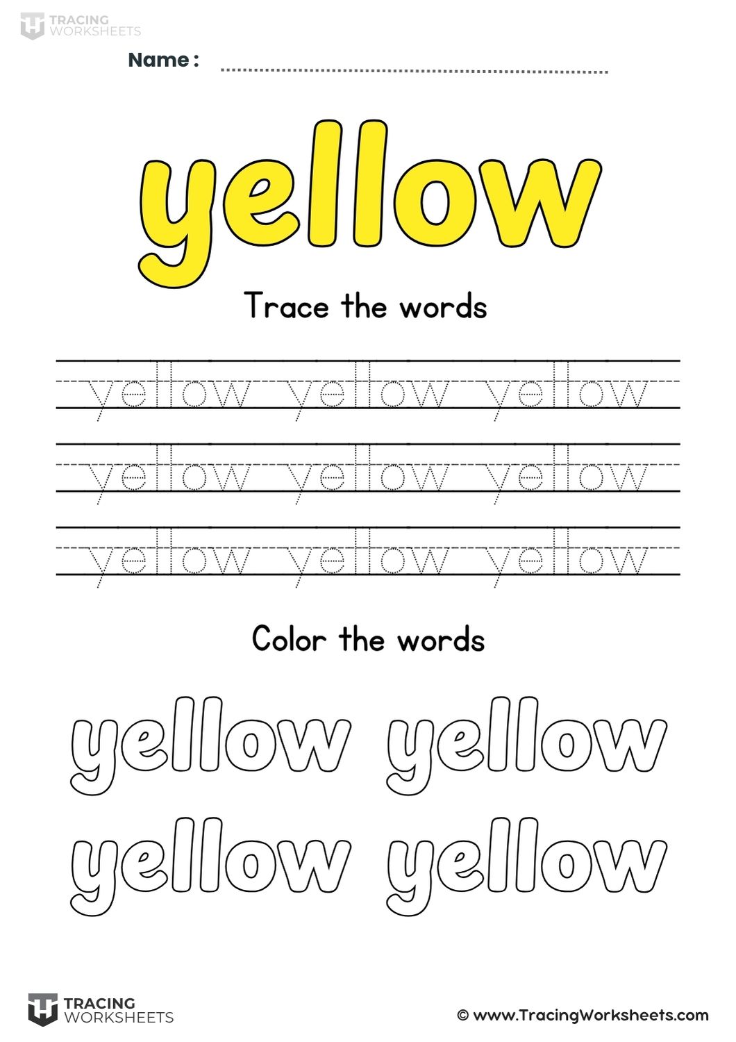 Yellow Word Tracing A dedicated tracing worksheet for the word "yellow" featuring multiple rows of dotted lines for handwriting practice and large bubble letters at the bottom for coloring.