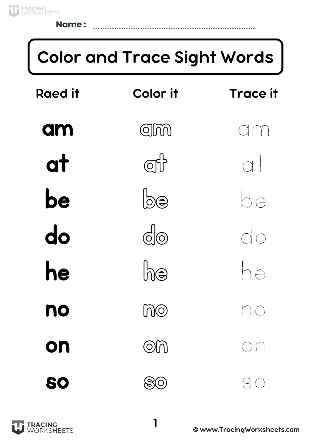Color and Trace Sight Words For Kindergarten