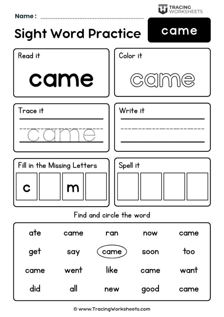 Kindergarten Sight Word Came Worksheet Kindergarten Sight Word Came Worksheet