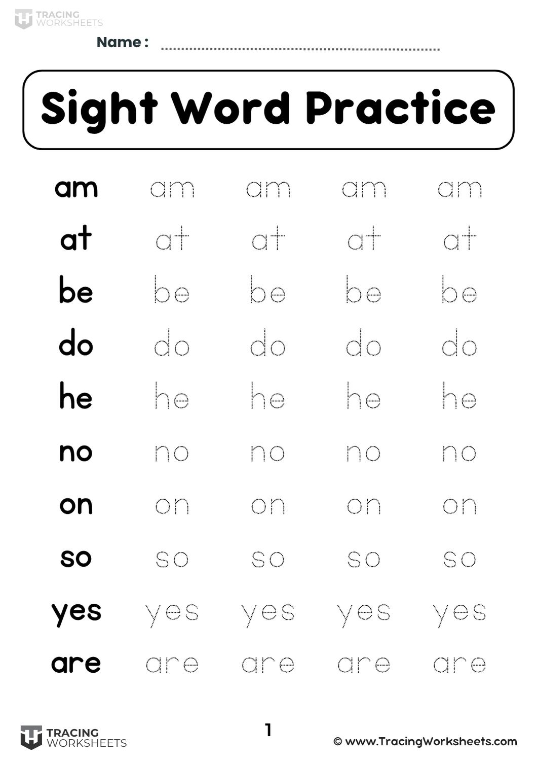 Kindergarten Sight Word Practice