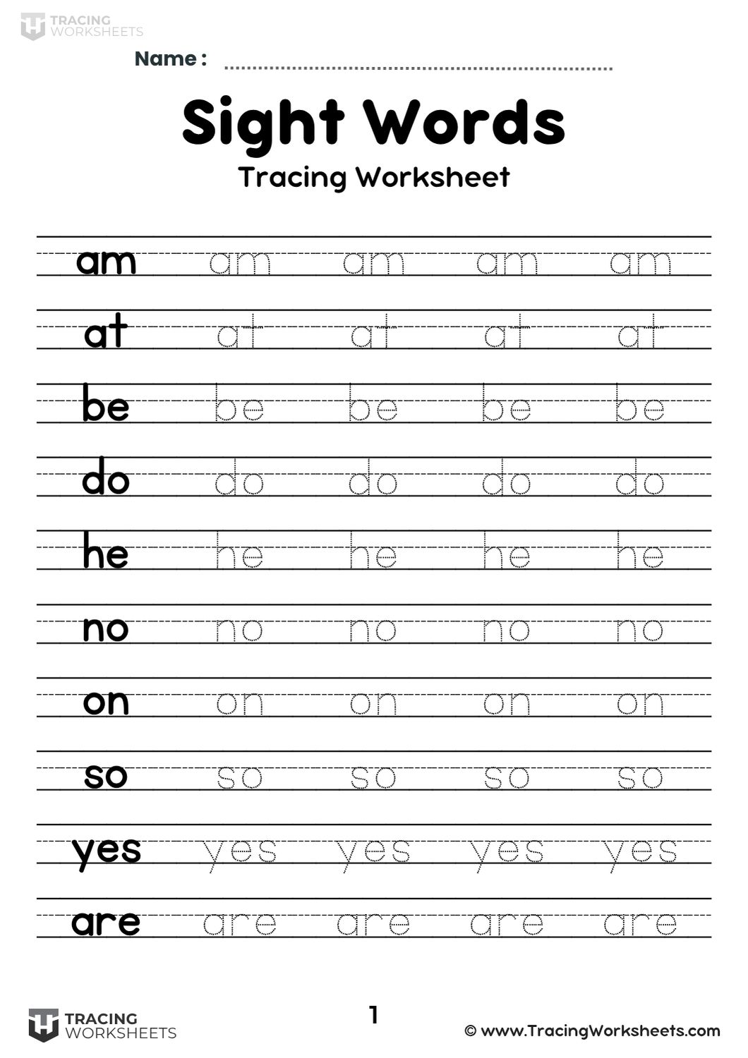 Kindergarten Sight Word Tracing Worksheets