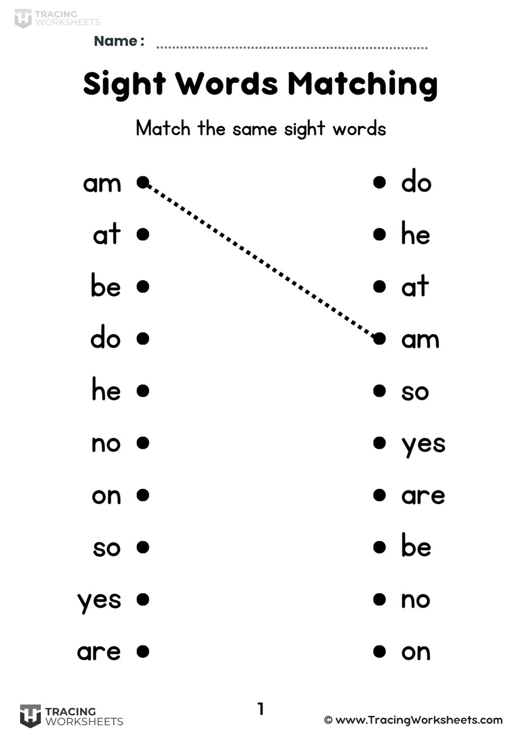 Kindergarten Sight Words Matching Worksheets