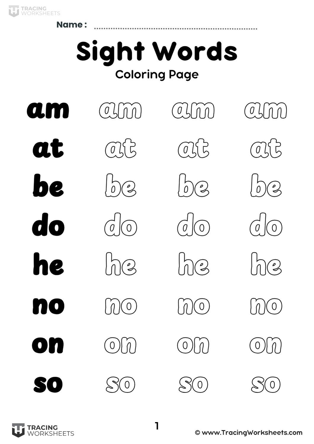 kindergarten sight words coloring worksheets